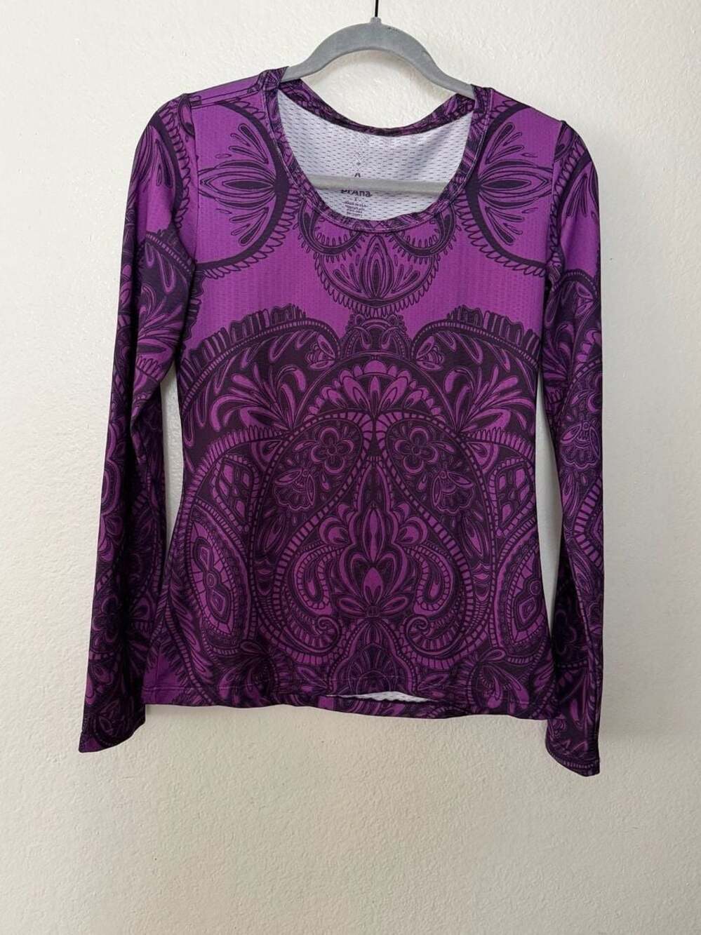 Prana Purple Paisley Long Sleeve Athletic Crew Neck Shirt